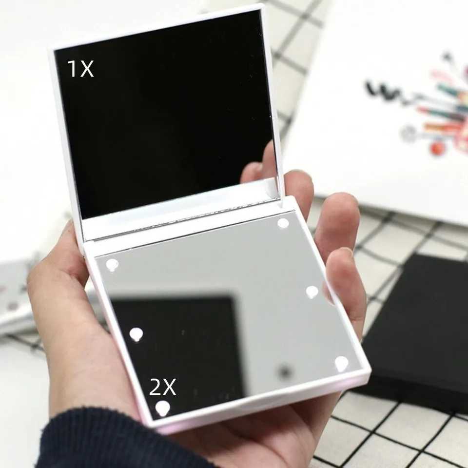 6 Led Makeup Mirror With Light 1x 2x Magnifying Small Pocket Portable Travel Pink Black White Foldable Cosmetics Vanity MirrorsXJ241213