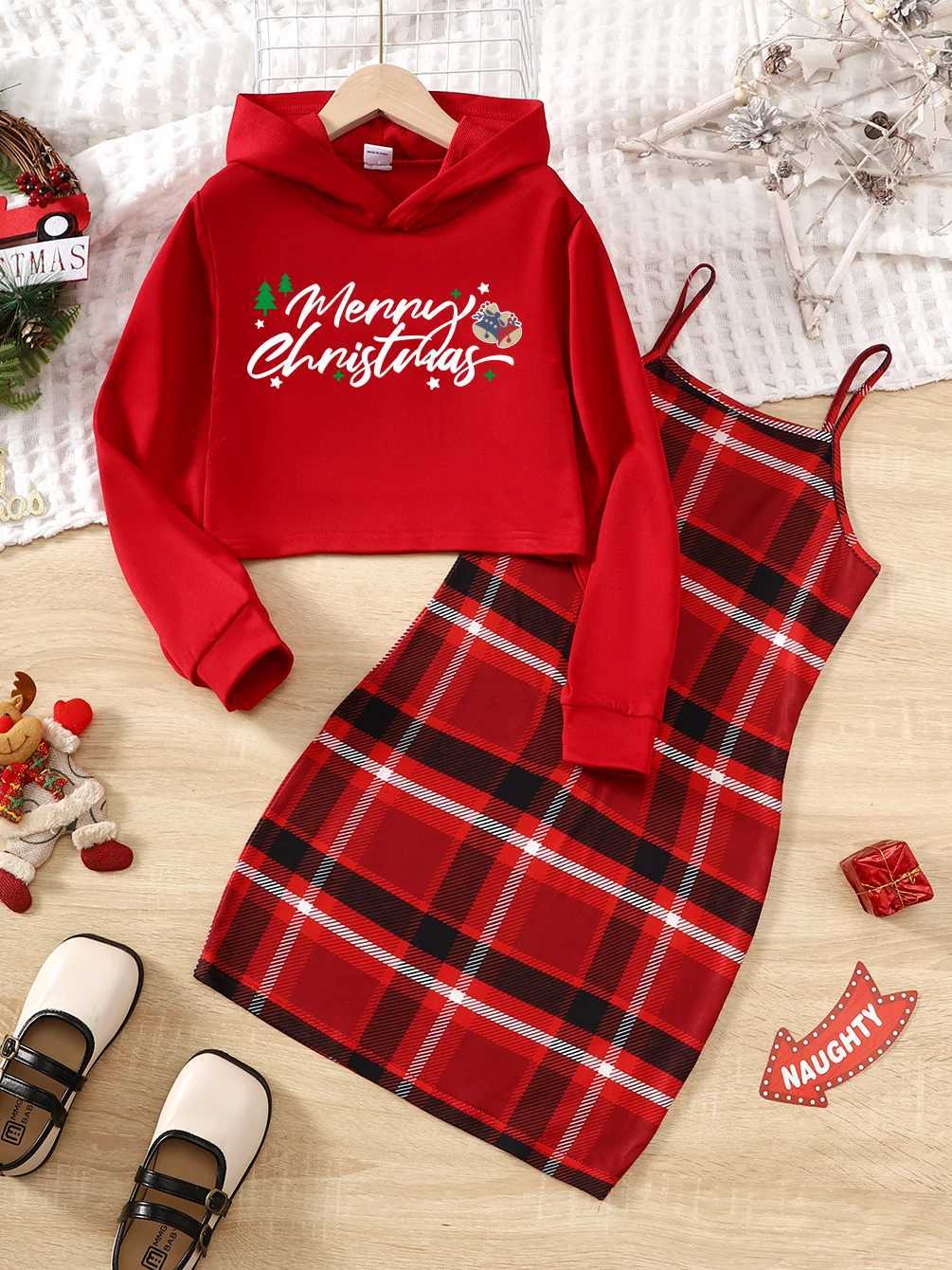 Girl Spring and Autumn Letter Pattern Short Hoodie+Checkered Hanging Dress Set Two Sets Suitable for Children Aged 8-14 W241213