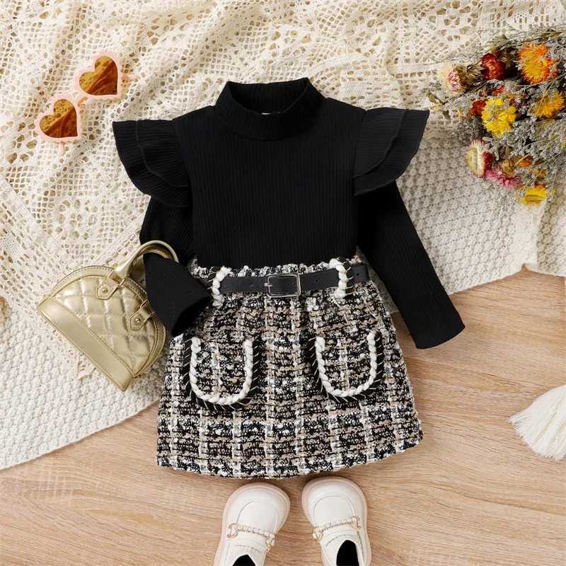 0-5Y Childrens Girls Autumn Skiing Set Baby Ruffle Long Sleeve Plain Neck Knitted Top+Smooth Skiing with Retro Set for Children W241213