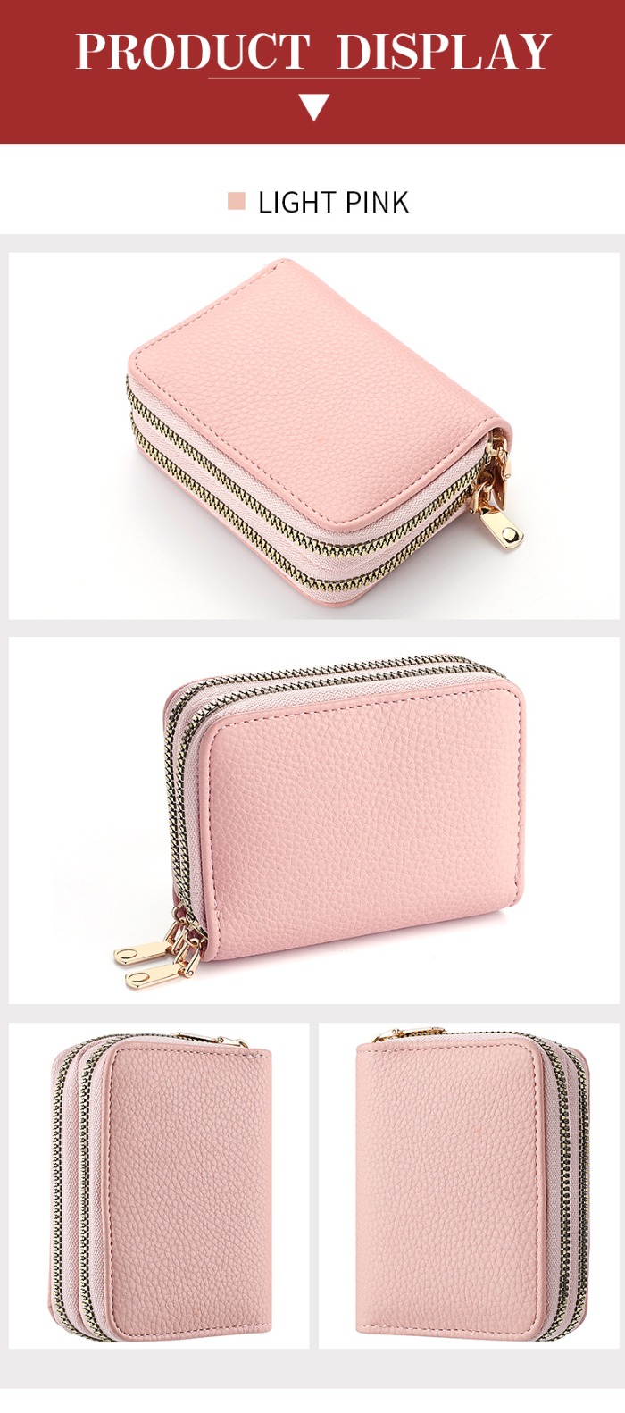 Double Zipper Wallet Womens Short Credit Card Holder, Multifunctional Large Capacity Coin Purse