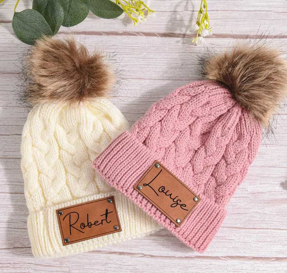 Custom Infant Beanie with NameBaby BeaniesKid Knitted HatLeather Patch Beanie for Baby PersonalizedToddler Child Baby BeanieXJ241213