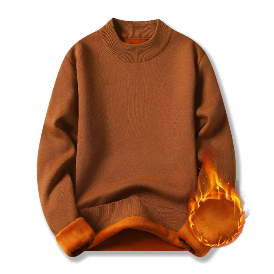 autumn and winter mens thick warm round neck sweater with wool lining solid color knitted casual base 241213