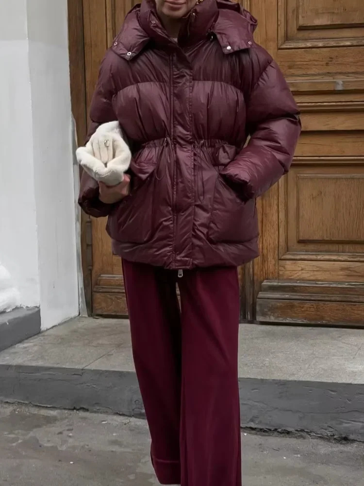 2024 Winter Solid Drawstring Quilted Cotton Coat Fashion Stand Collar Hooded Warm Jacket Lady Thicken Casual Streetwear 241212