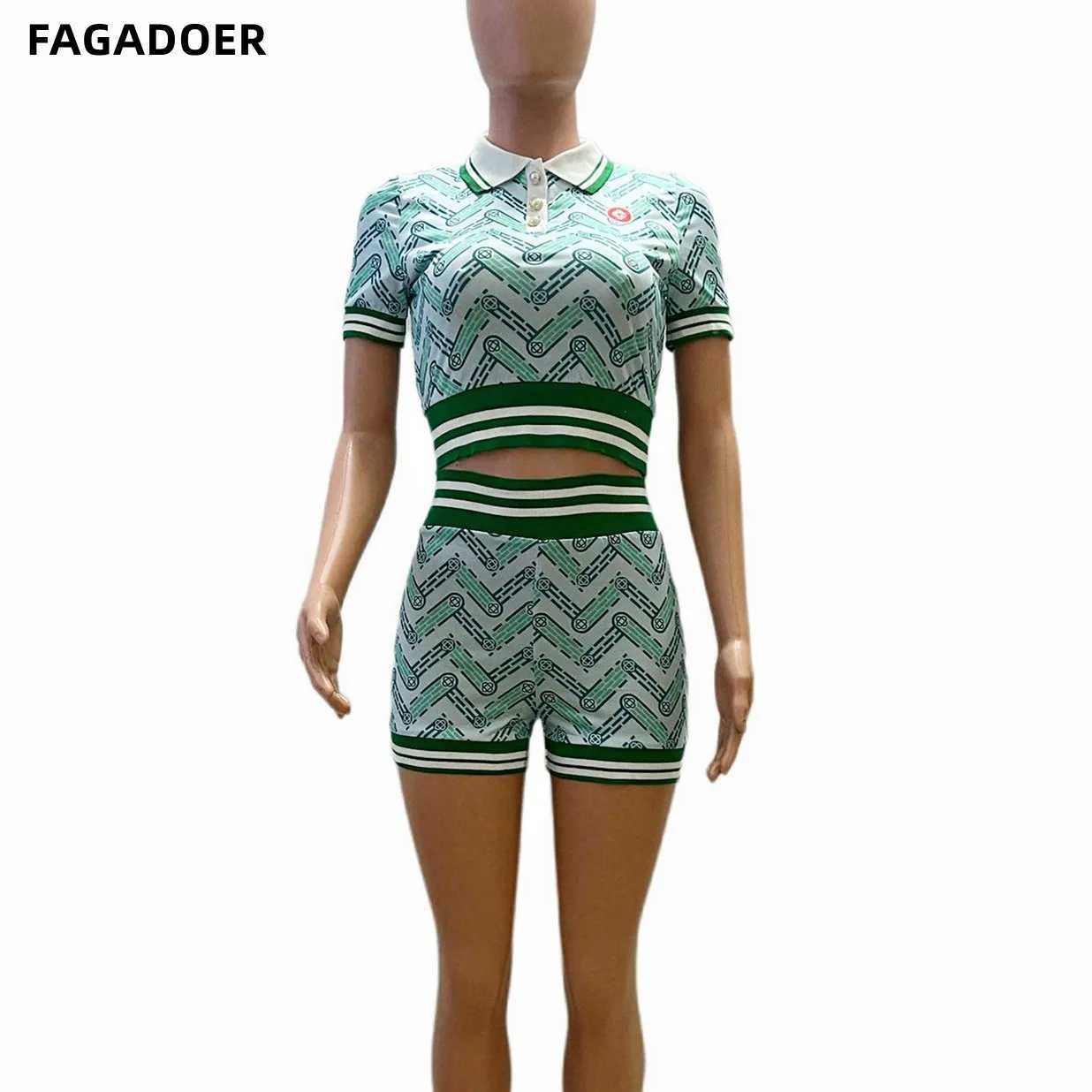 Women's Two Piece Pants FAGADOER Rib Fashion Print Two Piece Set Women Outfits Swthot Y2k Crop Top and Shorts Casual Strtwear Summer Matching Set