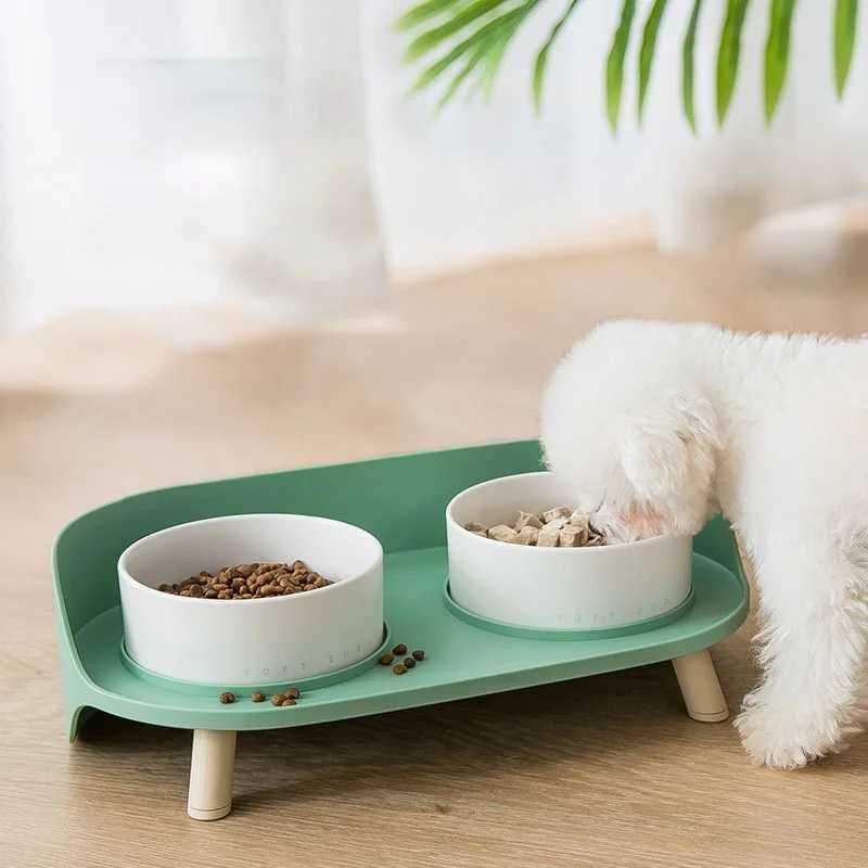 Cat Feeders Cats Food Water Feeder Cat Double Bowls with stand Puppy Ceramic Double Drinking Dish Bowl Wooden Rack Pet Tableware food tray z241213