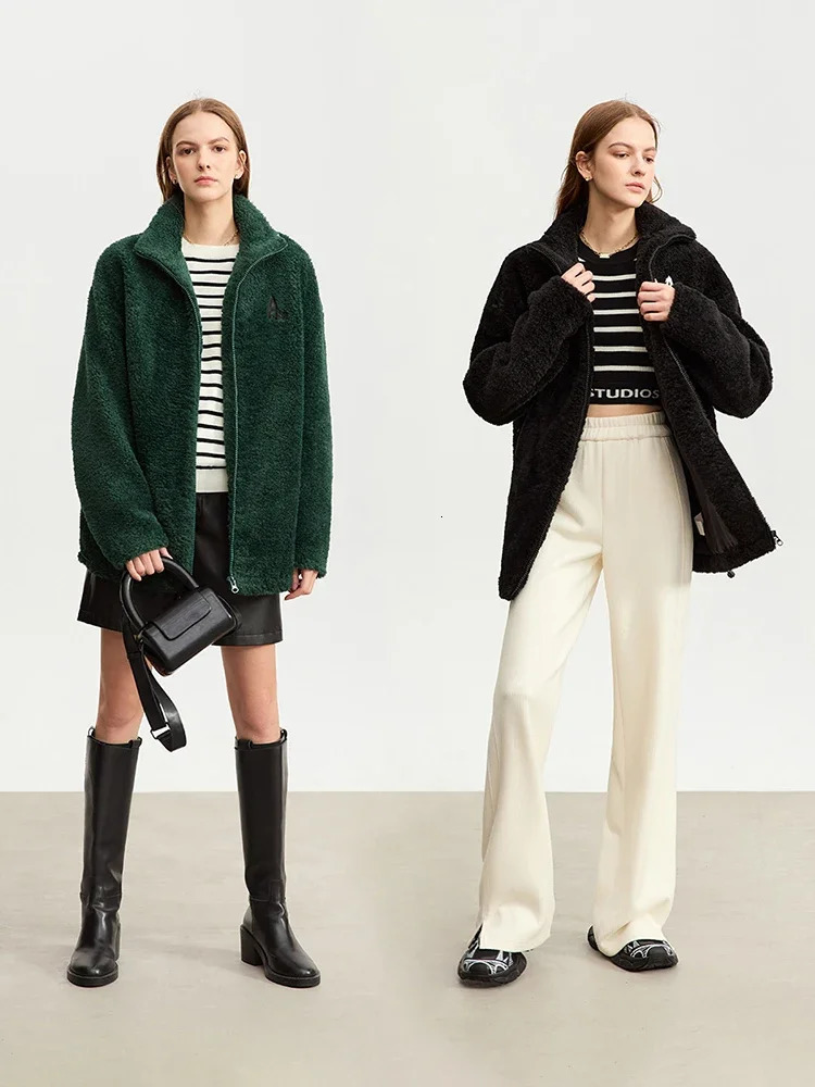 AMII Womens Jackets Lapel Lamb Wool Letter Embroidery Zipper Coat Loose Winter Outerwear Streetwear 12344278 241213