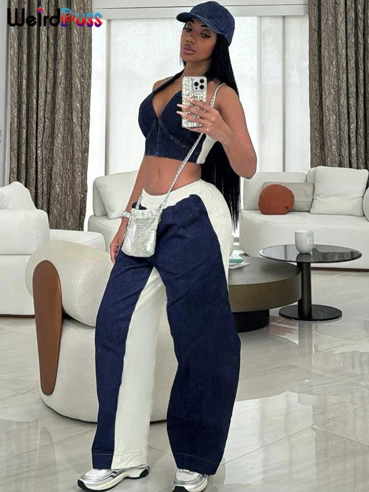 Women's Two Piece Pants Weird Puss Sporty Women 2 Piece Set Tracksuit Zip Halter Single-Breasted Tank Tops+Straight Pants Matching Strtwear Outfi