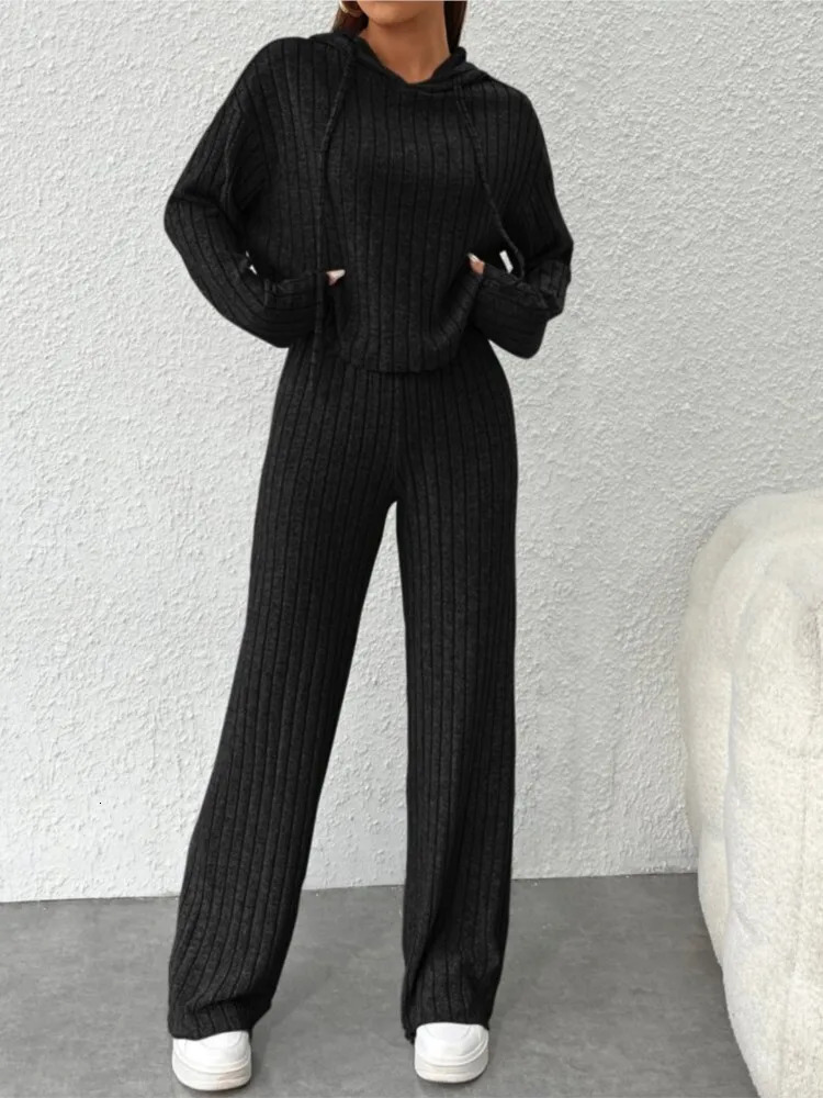 Fashionable Longsleeved Hooded Top Pants 2piece Set For Women Autumn Winter Solid Color Loose Knitted Sweatshirt Suit Female 241203