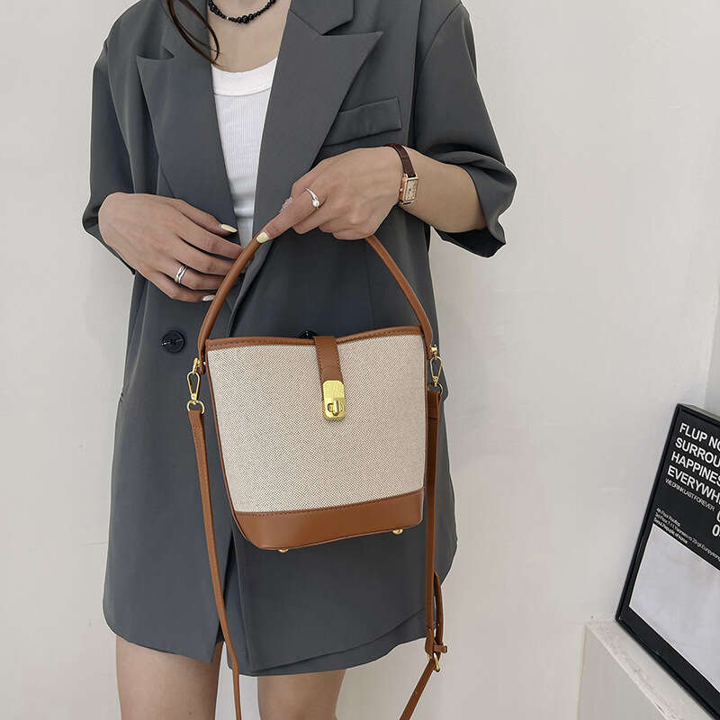 Wholesale Canvas Contrasting Splicing Hand-Held Bucket Women's Cross-Border New Single Shoulder Crossbody Bag, Fashionable Quality, Classic