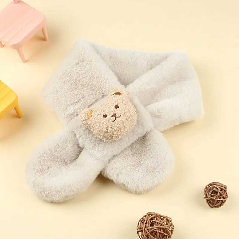 Scarves Wraps Winter Warm Plush Baby Scarf Cute Caroon Bears Boy Girl Newborn Toddler Faux Fur Children Cross Neckerchief Shawls H241213Y5PV