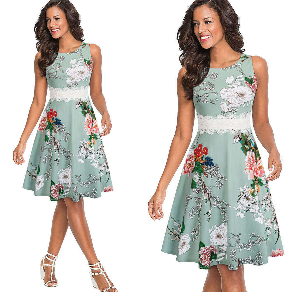 European And American Women's New Round Neck Sleeveless Lace Patchwork Printed Large Swing Skirt Dress, Fashionable Quality Classic