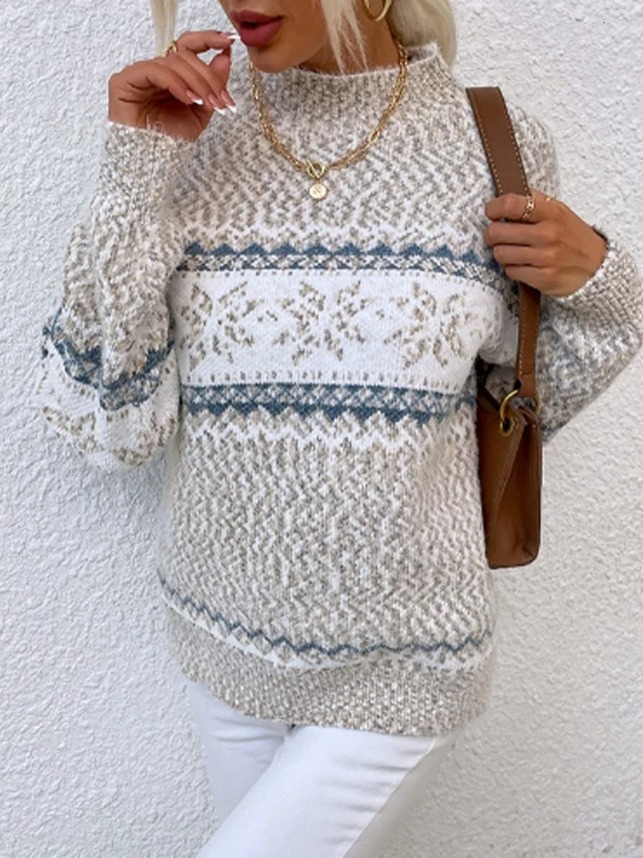 Trendy Long Sleeve Semi High Neck Sweater Womens Snowflake Printed Knitted Top Autumn Temperament Casual Pullover 241203