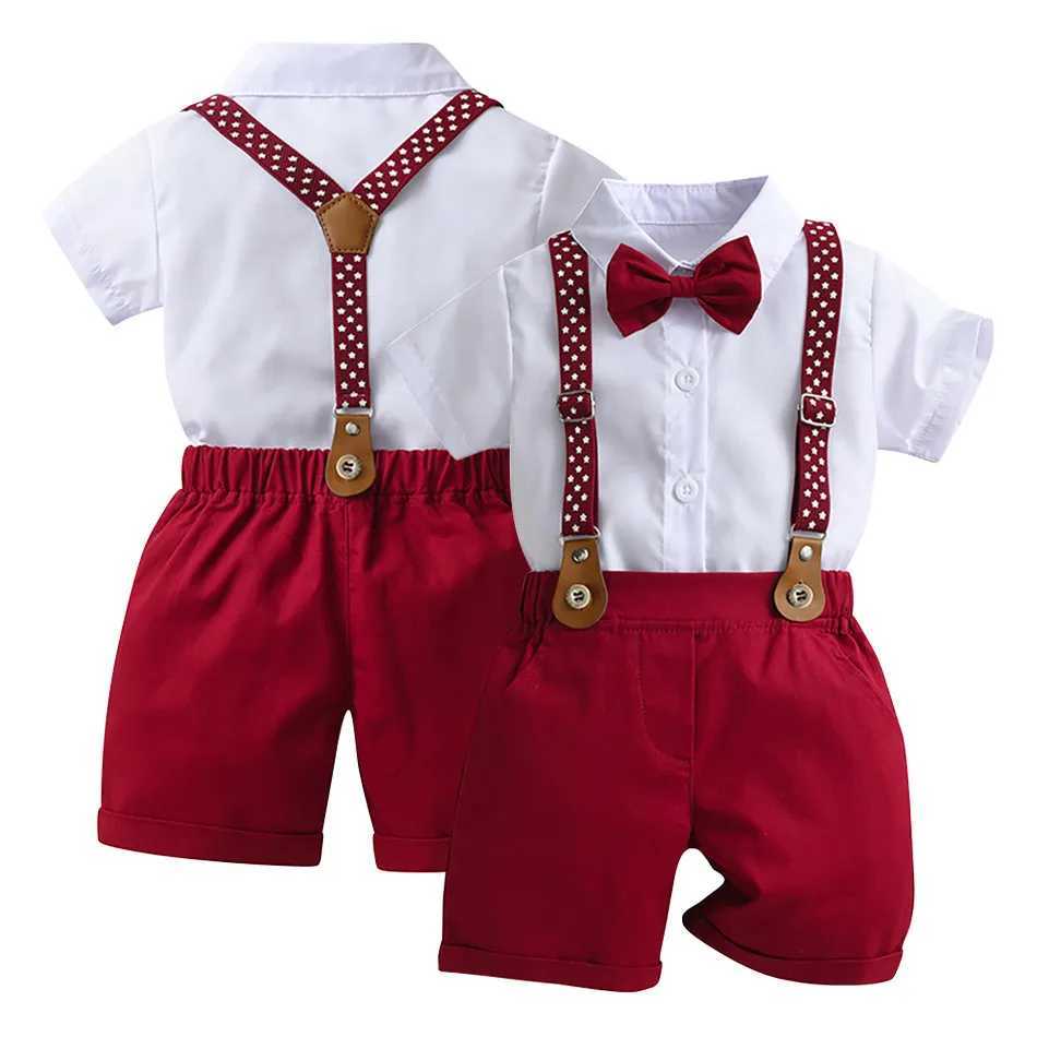 Childrens mens formal shirt bow with red pendant short sleeved party performance set childrens summer gentleman set W241213