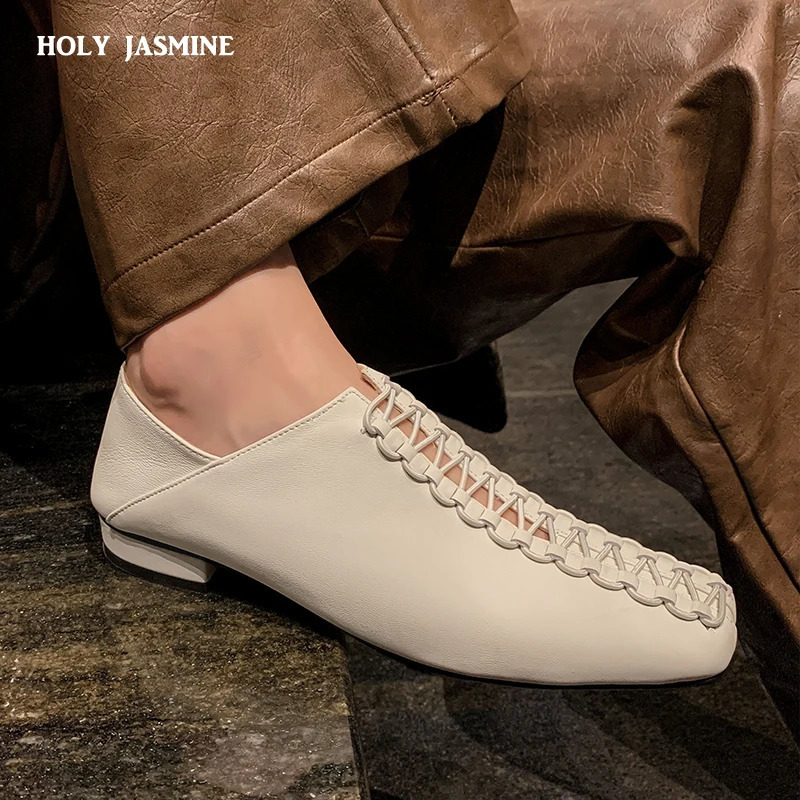 2024 Spring/Summer Womens Low Heel Square Toe Basic Casual Work Comfortable Flat Bottom Soft Genuine Leather Shoes Womens Comfortable Shoes 241213