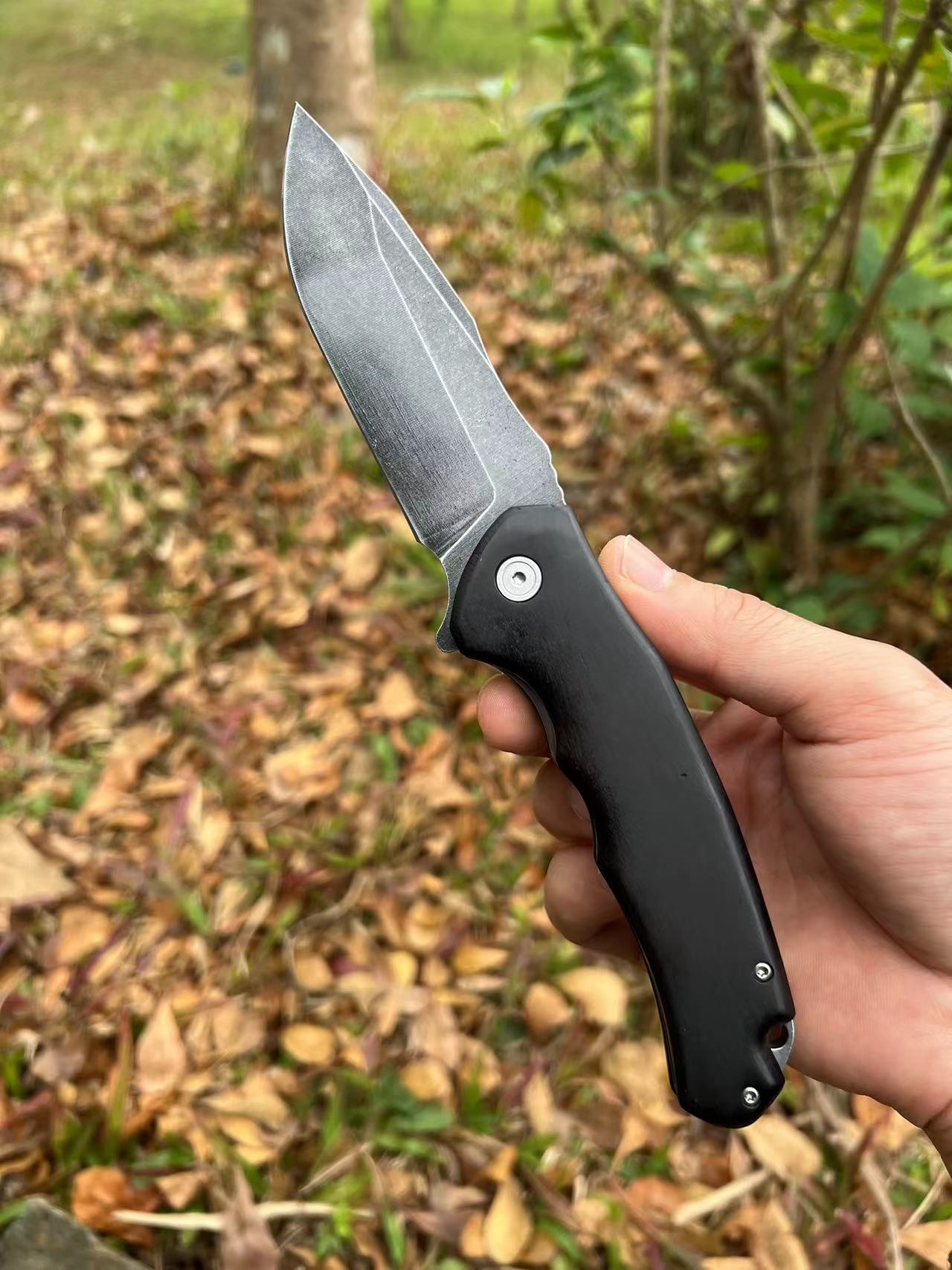 Top Quality Flipper Folding Knife 5Cr13Mov Black Stone Wash Drop Point Blade Wood with Steel Sheet Handle Outdoor EDC Pocket Knives