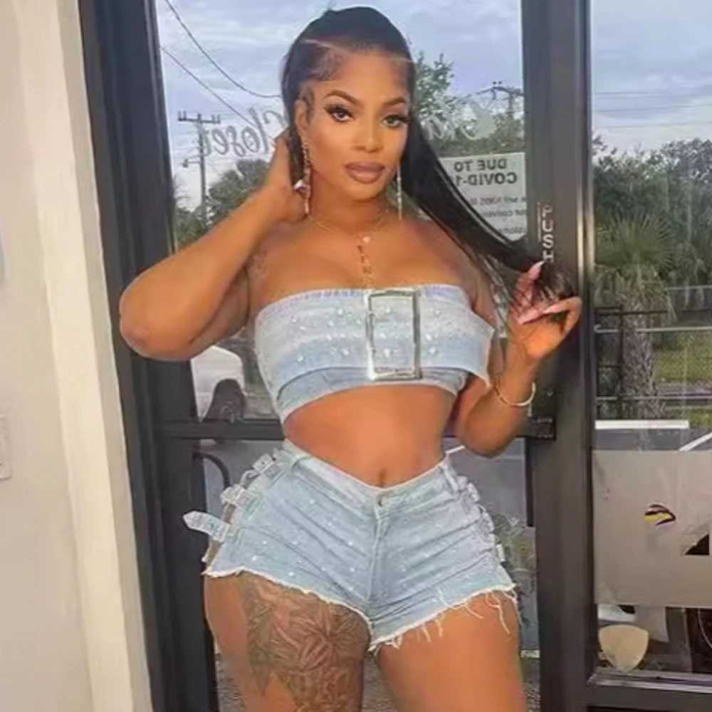 Women's Two Piece Pants 2 Pieces Sexy Summer Spring Fashion Women Set 2024 Strapless Slveless Denim Jeans Tops And Shorts Suit Matching Sets Outf