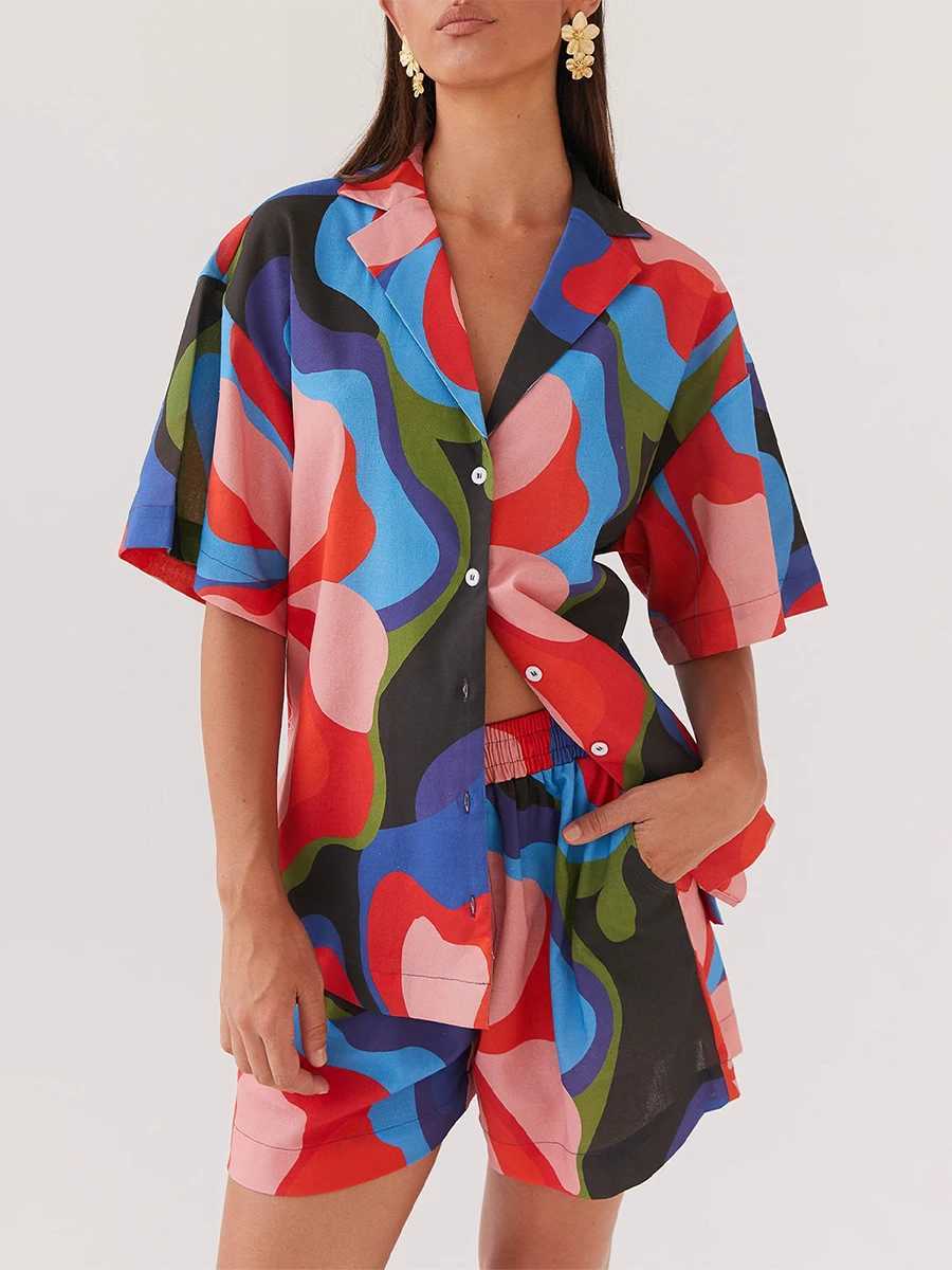 Women's Two Piece Pants Printed Shirts Two Piece Pajama Set Women Short Slve Lapel Shirts High Waist Short Suit Home Wear Outfits Boho Beachwear 