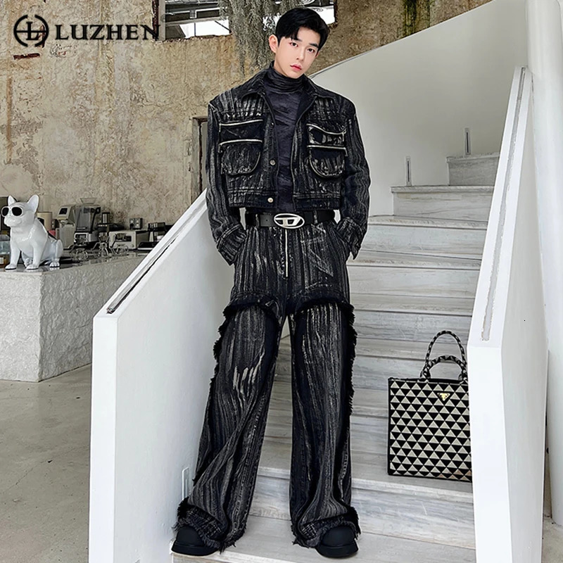 LUZHEN Denim Trendy Set Two Pieces Hand Dyed Painted Men Fashion Big Pockets Short Jacket Straight Wide Leg Jeans Autumn 63d806 241213