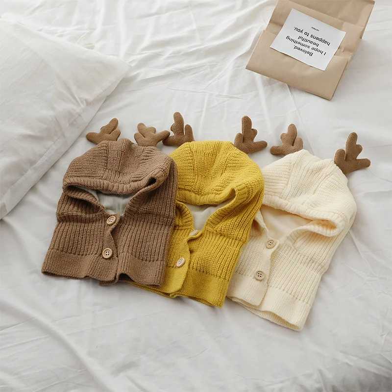 Deer Design Baby Hood Beanies One Piece Scarf Cap Winter Warm Knitted Ear Protection Hat Solid Color Infant Headgear BonnetXJ241213