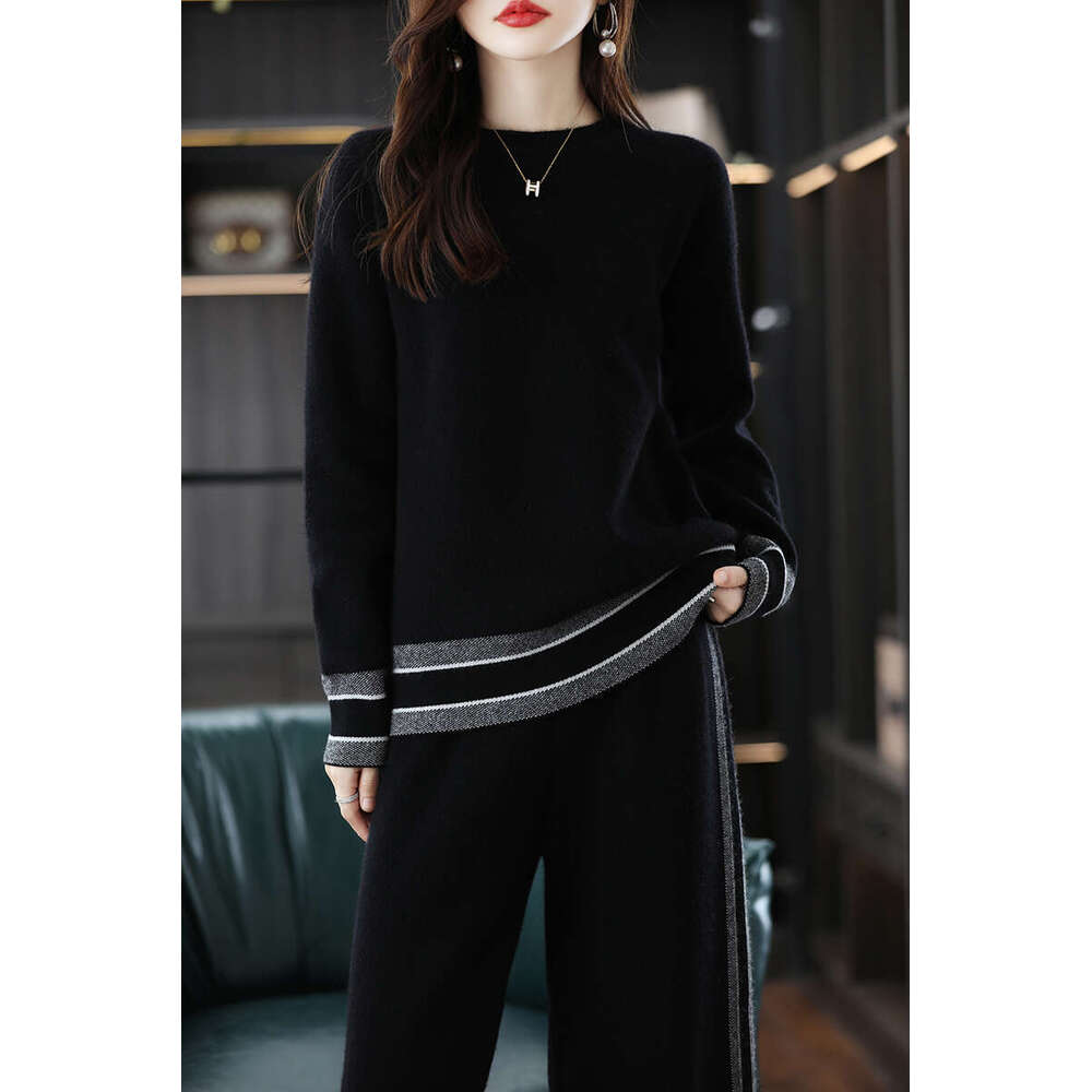 Ladies Suits 100% Merino Wool Women's O-Neck Pullover Autumn/Winter New Fashion Color Matching Casual Two-Piece Suit Female