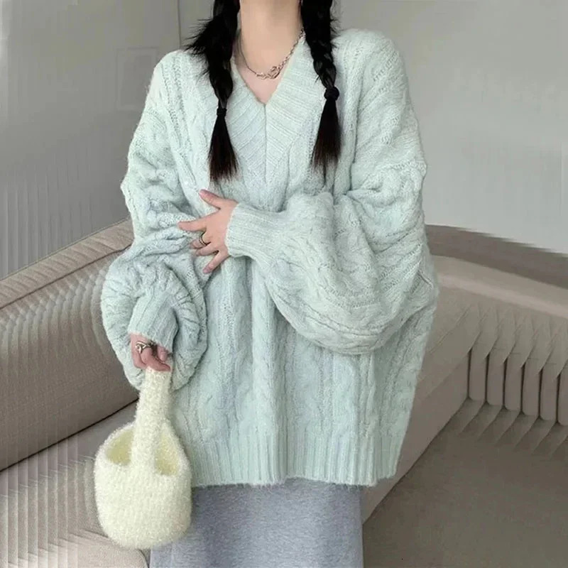 Autumn Winter Women Sweater Harajuku Oversized Knitted Pullovers Korean Long Sleeve V Neck Knitwear Preppy Solid Loose Jumper y241203