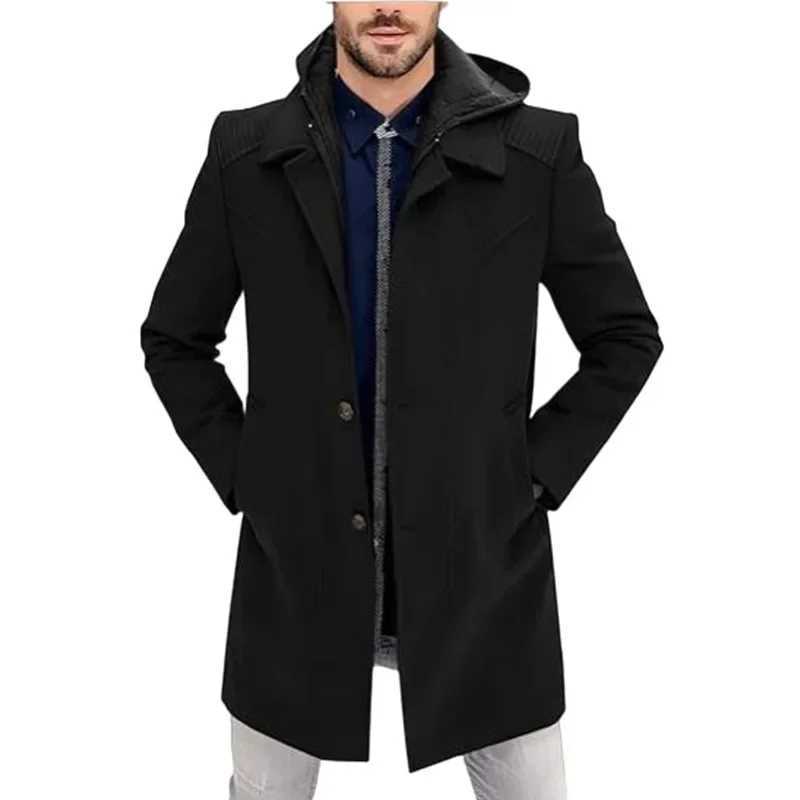 2024 New Woolen Mens Coat Autumn and Winter European and American Fake Two Piece Warm Windproof Coat Hoodie Man ClothingXJ241212