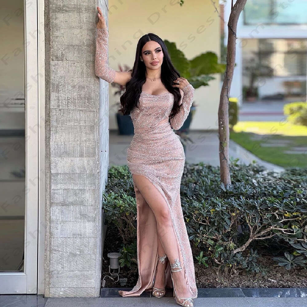 Sexy Female Elegant Evening Party Dree Simple Backle Beautiful Off Shoulder High Slit Sparkg Beading Prom Gown 2024
