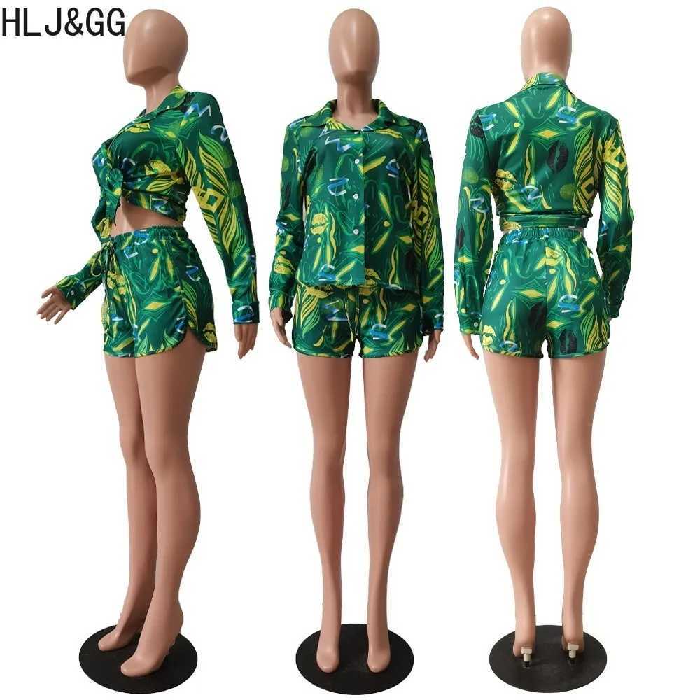 Women's Two Piece Pants HLJ GG Summer Print Shorts Two Piece Sets Women Turndown Collar Long Slve Shirt + Shorts Outfits Female Holidays 2pcs Clo