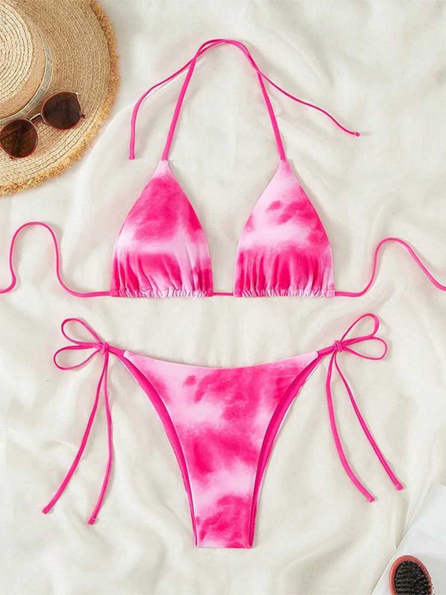 Tie Dye Bikins 2024 Mini Micro String Bikini Women Swimwear Fa Swimsuit Two Pieces Bikini Set Halter Bathing Suit Swim LadyXJ241212