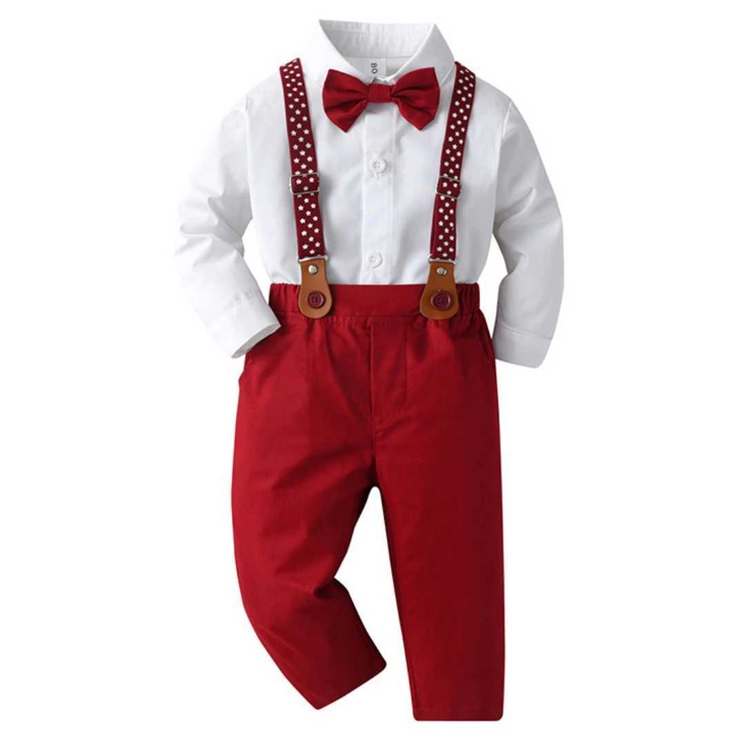 Solid 4-piece mens wedding dress classic white shirt with star printed pendant set childrens autumn birthday set W241213