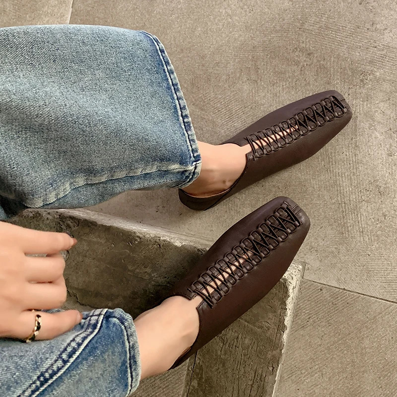 2024 Spring/Summer Womens Low Heel Square Toe Basic Casual Work Comfortable Flat Bottom Soft Genuine Leather Shoes Womens Comfortable Shoes 241213