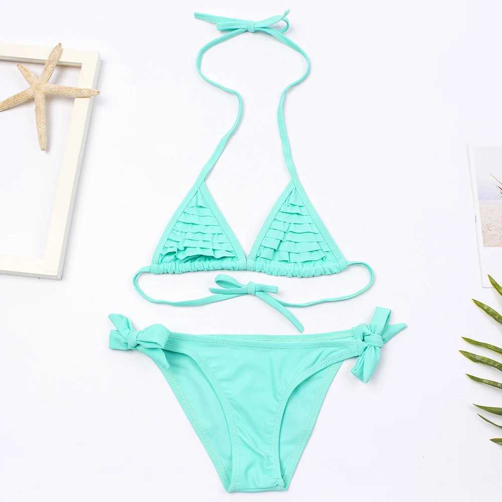 Solid Bandage Girls Bikini Set New Summer Multi Fal Kids Girls Swimwear Swimsuit Children Biquini Infantil Bathing SuitXJ241212