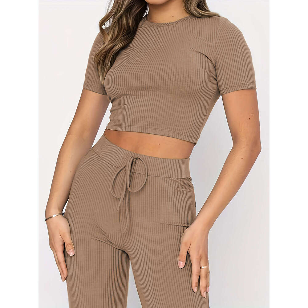 European And American New Suit Women's Solid Color High Elasticity Shaping Short Sleeved Wide Leg Pants Two-Piece Set Trendy Clothing Fashion Cas