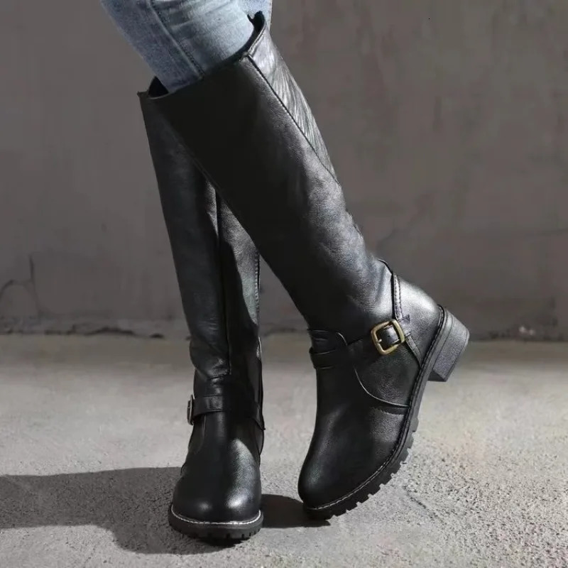 winter womens cycling boots 2024 round toe bulky heel knee high boots womens buckle platform shoes Botas Mujer 241213