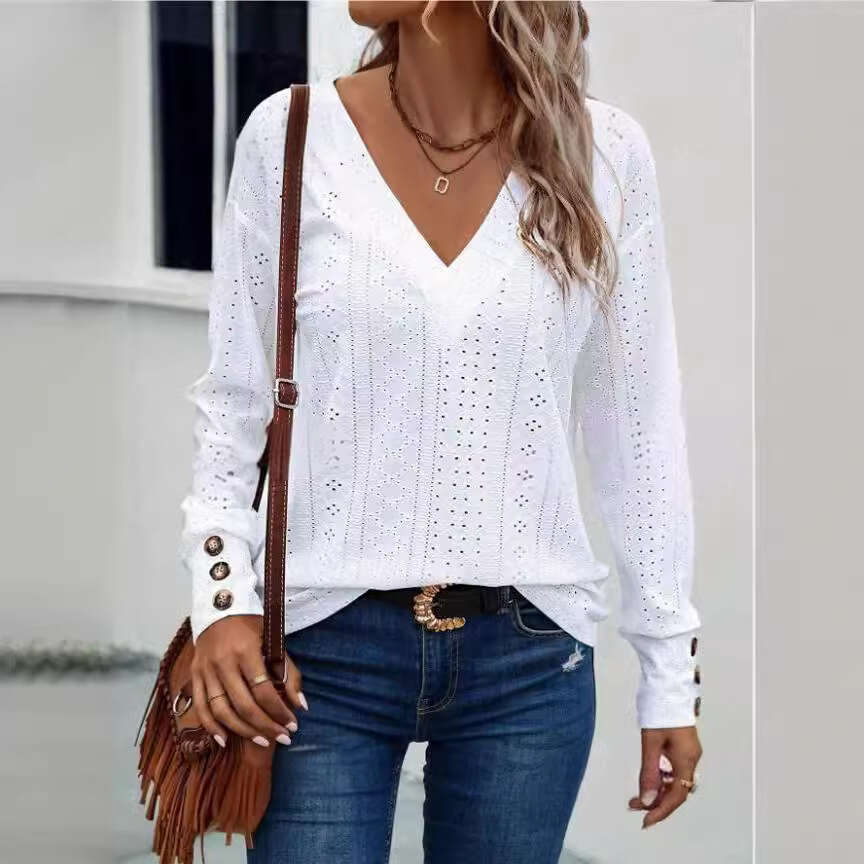New European American Women's Big V-neck T-shirt for 2024 Spring Autumn, with eyelets, pleats, buttons, and long sleeves