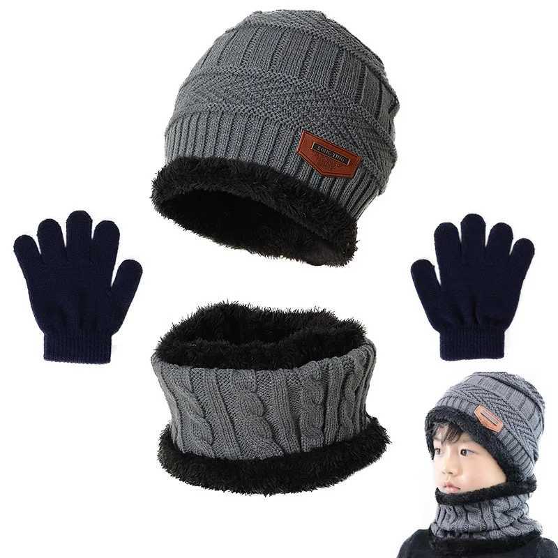 Scarves Wraps Winter Hat Scarf and Gloves Set Plush Warmer Children Knitted Hat Baby Boys Beanies Cap Neck Scarf Glove Suit For Kids Accessori H241213
