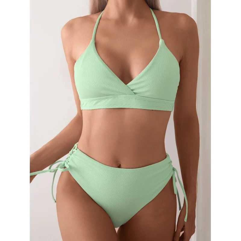Cikini-V-Neck Split Bikini Set for Women Sexy Swimsuit Lace Up Triangular Bikinis Solid Color Beach Swimwear Bathing SuitXJ241212