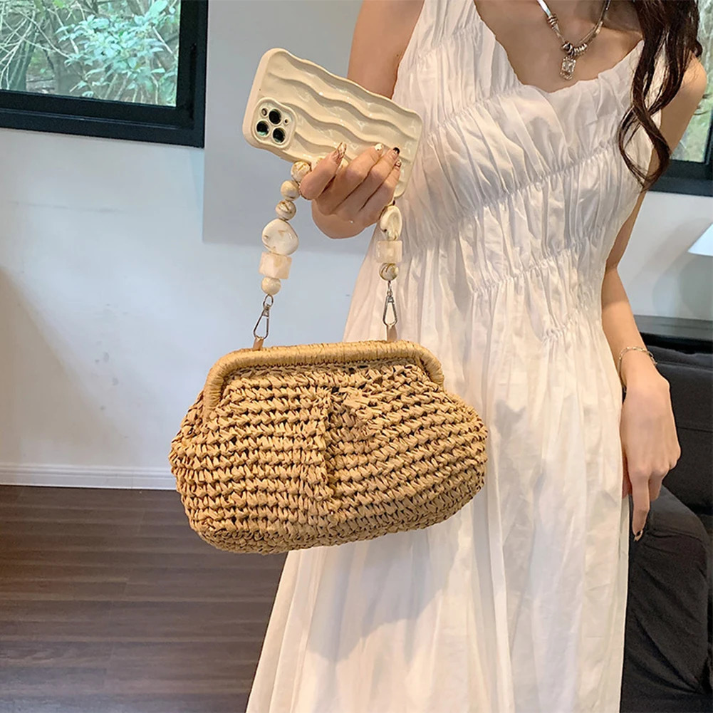 Women Straw Crossbody Bag Clutch Purse Weaving Shoulder Versatile Small Beading Handbag Rattan Boho Summer Beach Woven y250107