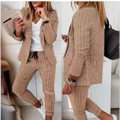 New European And American Women's Plaid Casual Slim Fit Lapel Suit With Elastic Tie Pants Set, Fashionable Quality Classic