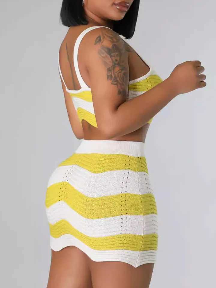 Women's Two Piece Pants LW Scalloped Mesh Striped Skirt Set summer 2pcs Fashion Outfits slveless crop top Tank + mini skirt sets women Matching Y