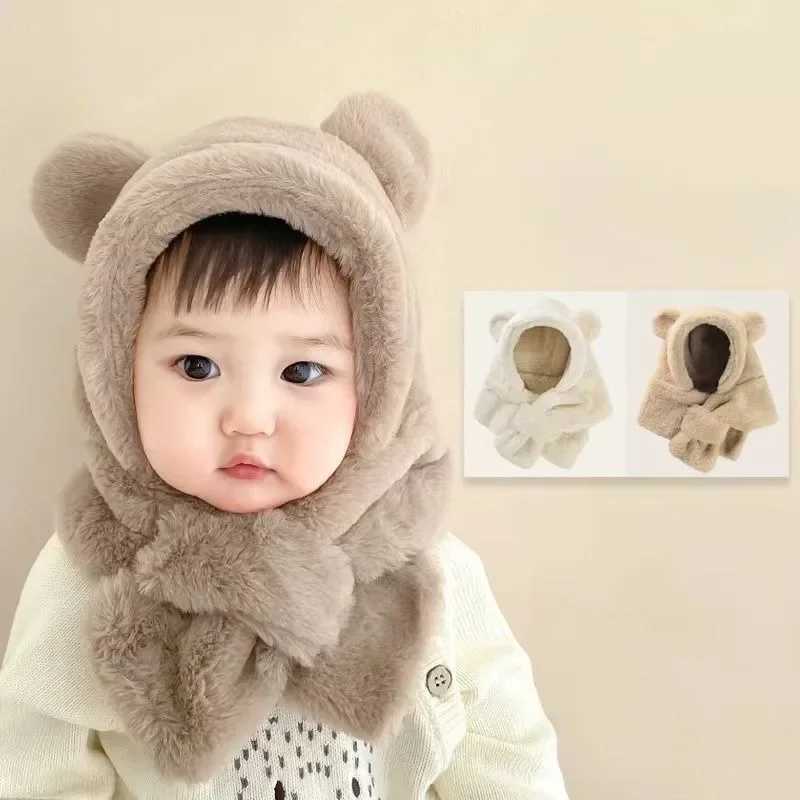 Winter Baby Hat Scarf One-Piece Faux Fur Kids Hats Bear Warm Neck Ear Cap for Boys Girls Windproof Beanies Infant StuffsXJ241213