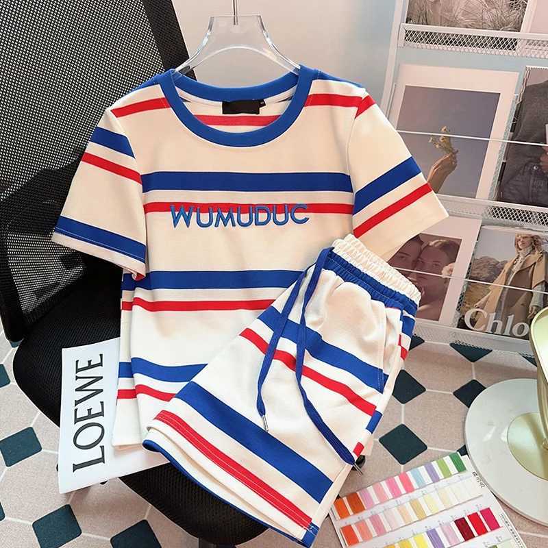 Women's Two Piece Pants Shorts Sets Loose Korean Style Short Slve Striped T-shirt and Lace-up Elastic Waist Pants Two Piece Sets Casual Women Clo