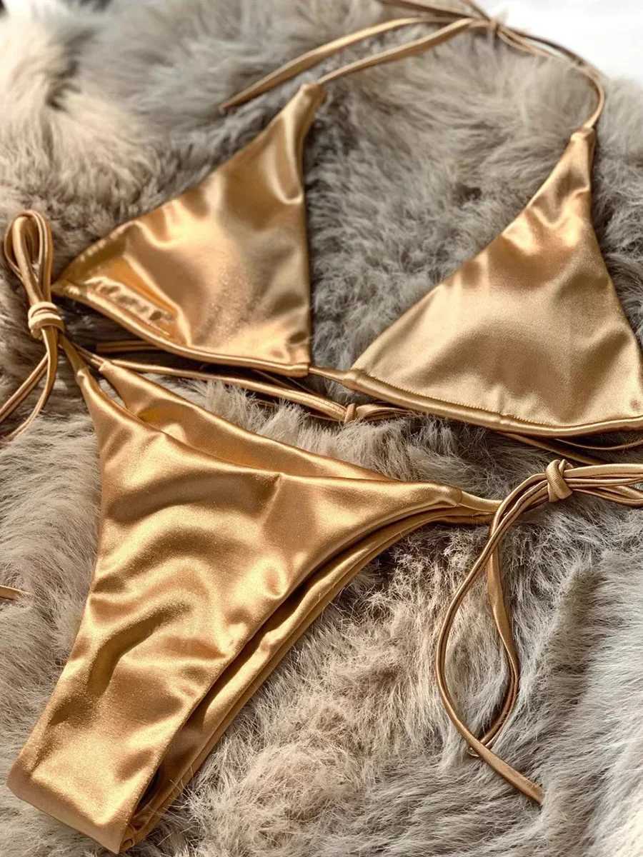 Halter Brazilian Metallic Satin Bikini Women Swimwear Fa Swimsuit Two-pieces Bikini Set High Cut Bathing Suit Swim BeachwearXJ241212