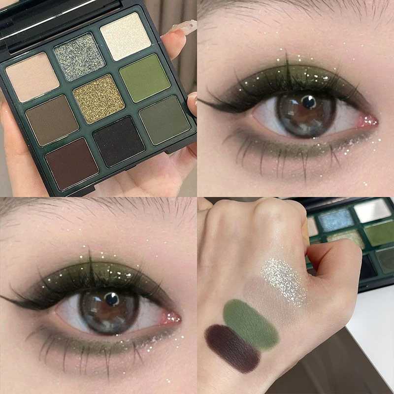 Olive Green Punk Glitter eye shadow Palette 9 Color Smoke Black Pearlescent Matte Acrylic eye shadow Pigment Makeup Lasts W241213