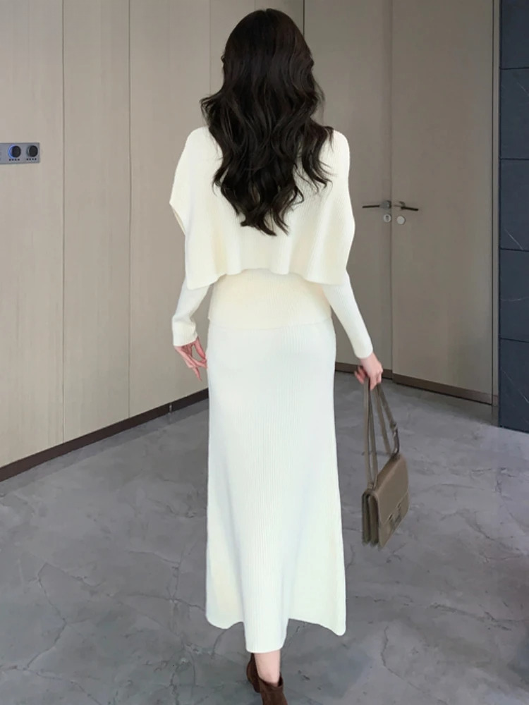 Autumn Winter Women Turtleneck Cloak Tracksuits Fashion Knitted Long Skirts Set Ladies Sweater Suit Vintage 3 Pieces Sets
