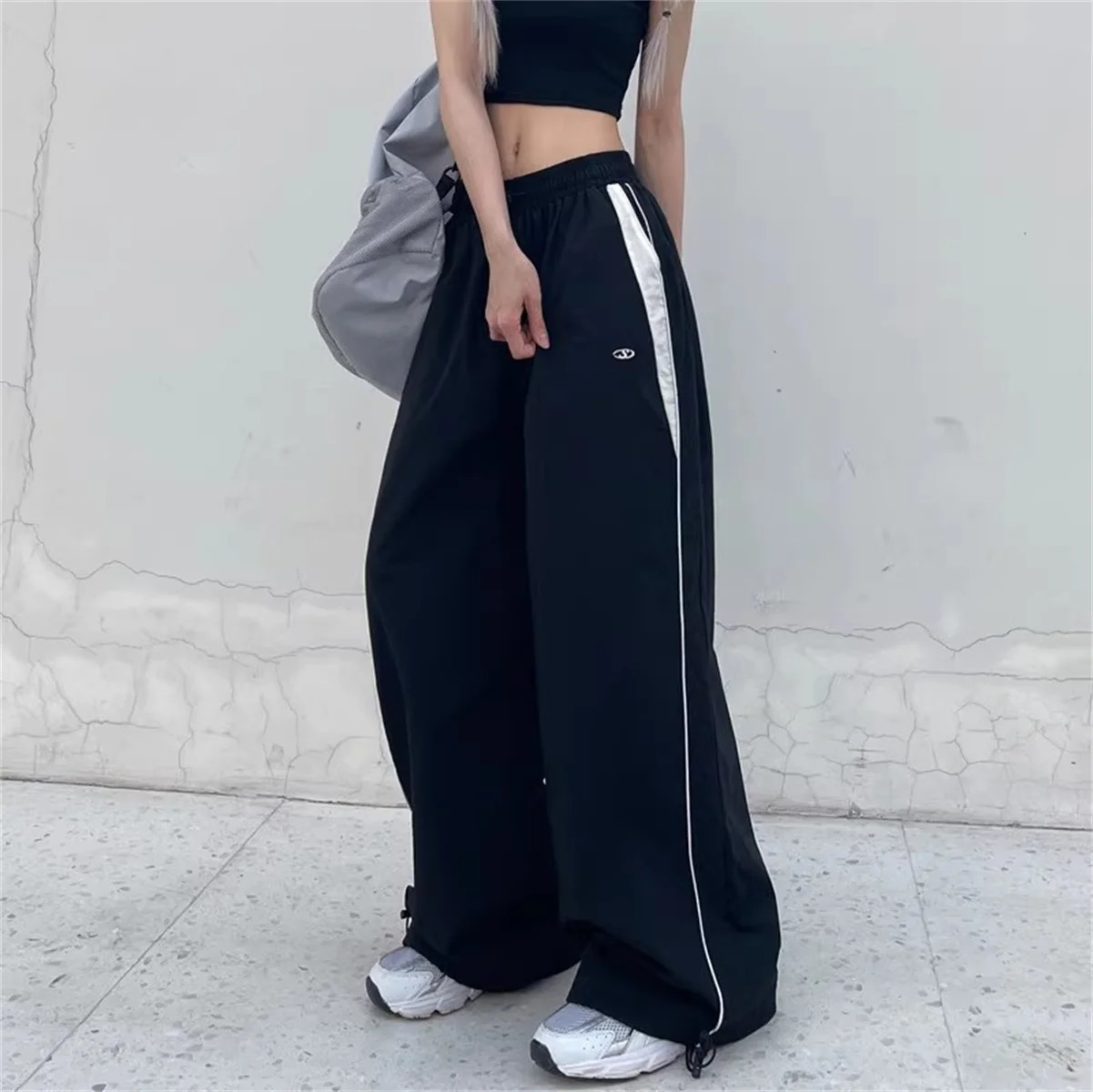 Women Casual Wide Leg Cargo Pants Drawstring Solid Streetwear Elastic Waist Sweatpants Loose Y2K Joggers Hip Hop Baggy Trousers 241203Z