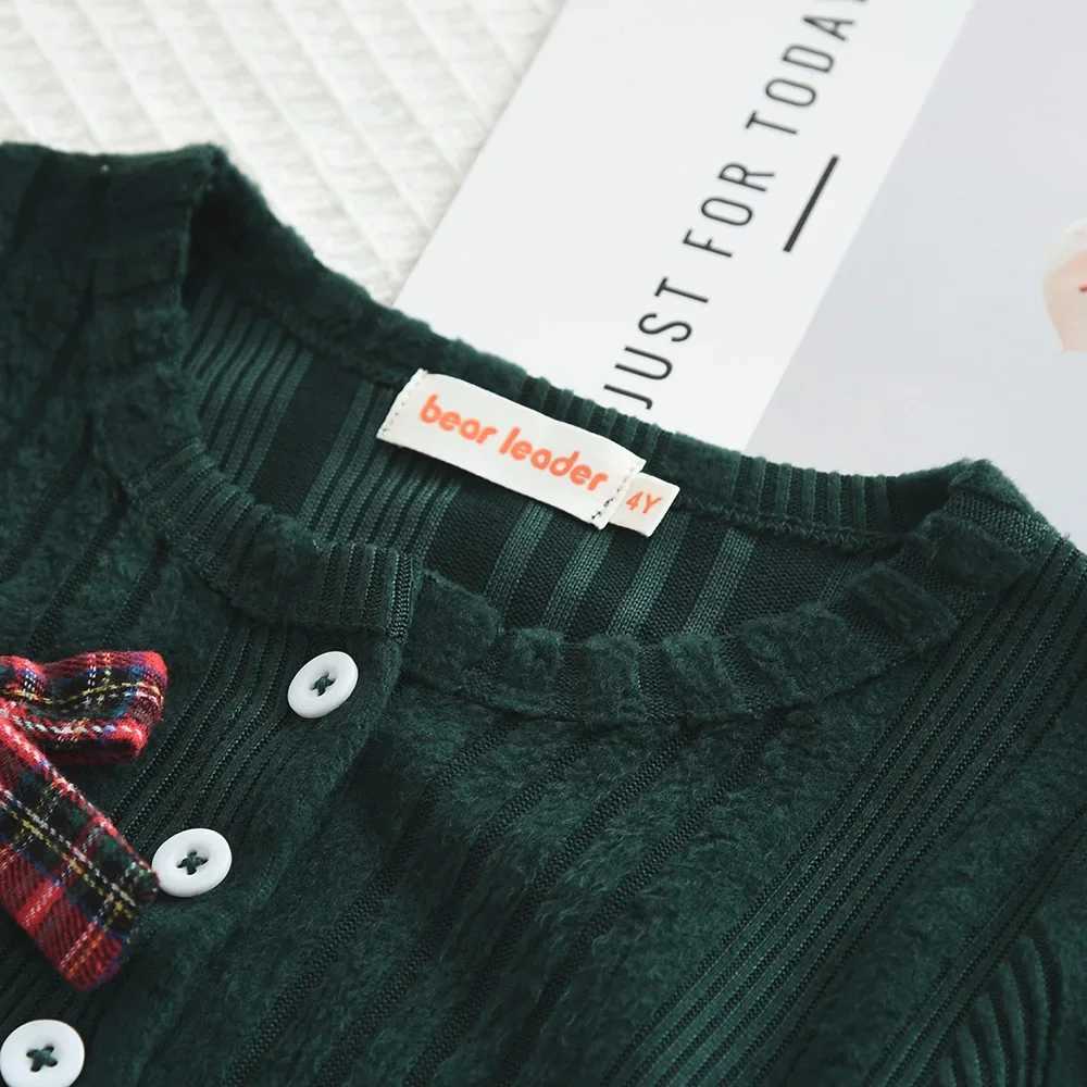 3-7 Years Girls Christmas Sets Bow Knitted Cardigan Coat and Red Plaid Print Vest Dresses 2Pcs Casual New Years Kids Clothes W241213