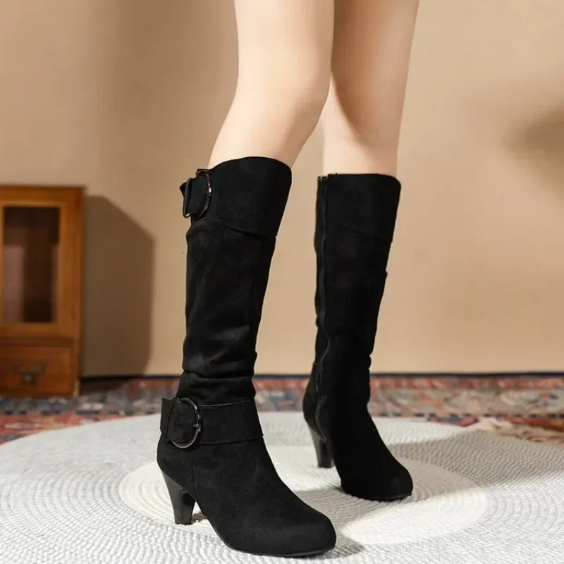 Autumn Fashion Womens Boots Side Zip Shoes Women Mid-calf Boots Pointed Tip Ladies High Heels Suede Winter Boots For Women 241213