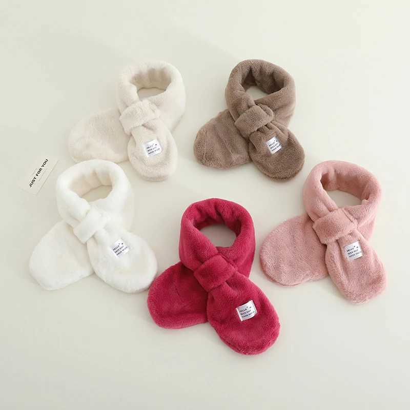 Scarves Wraps Solid Color Winter Baby Scarf Korean Kids Plush Neck Warmer Boys Girls Windproof Warm Cross Scarves H241213