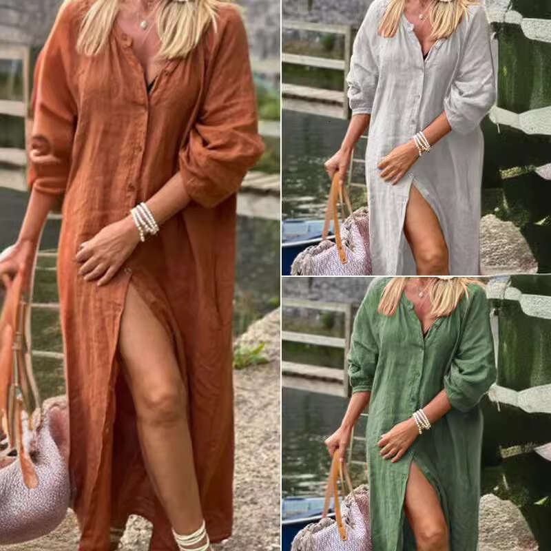 European American Women's New Cotton And En Simple Loose Sleeved Button Up Cardigan Long Shirt